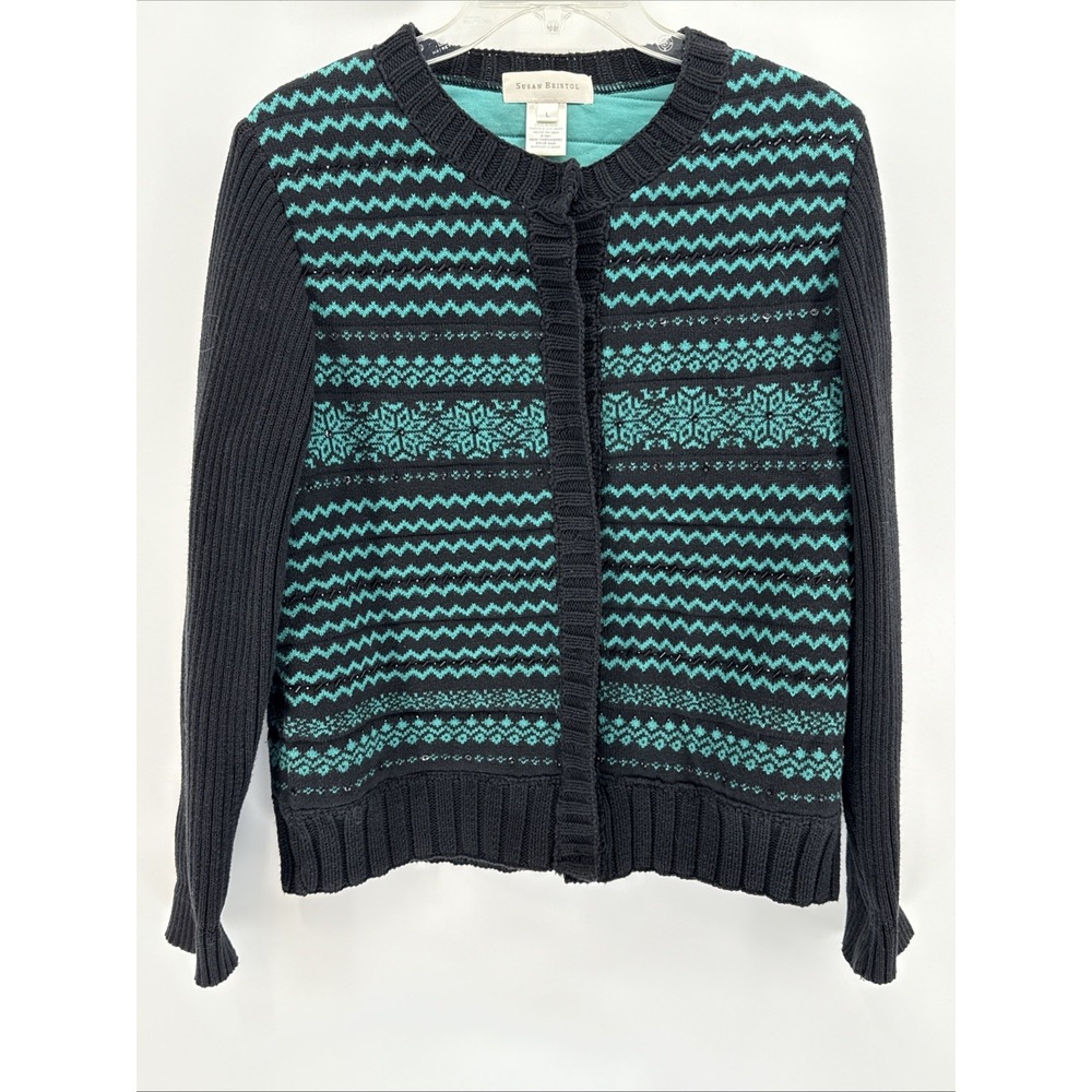 Y2K Susan Bristol Cotton Cardigan Sweater LargeBeaded Quilted Nordic Black Green
